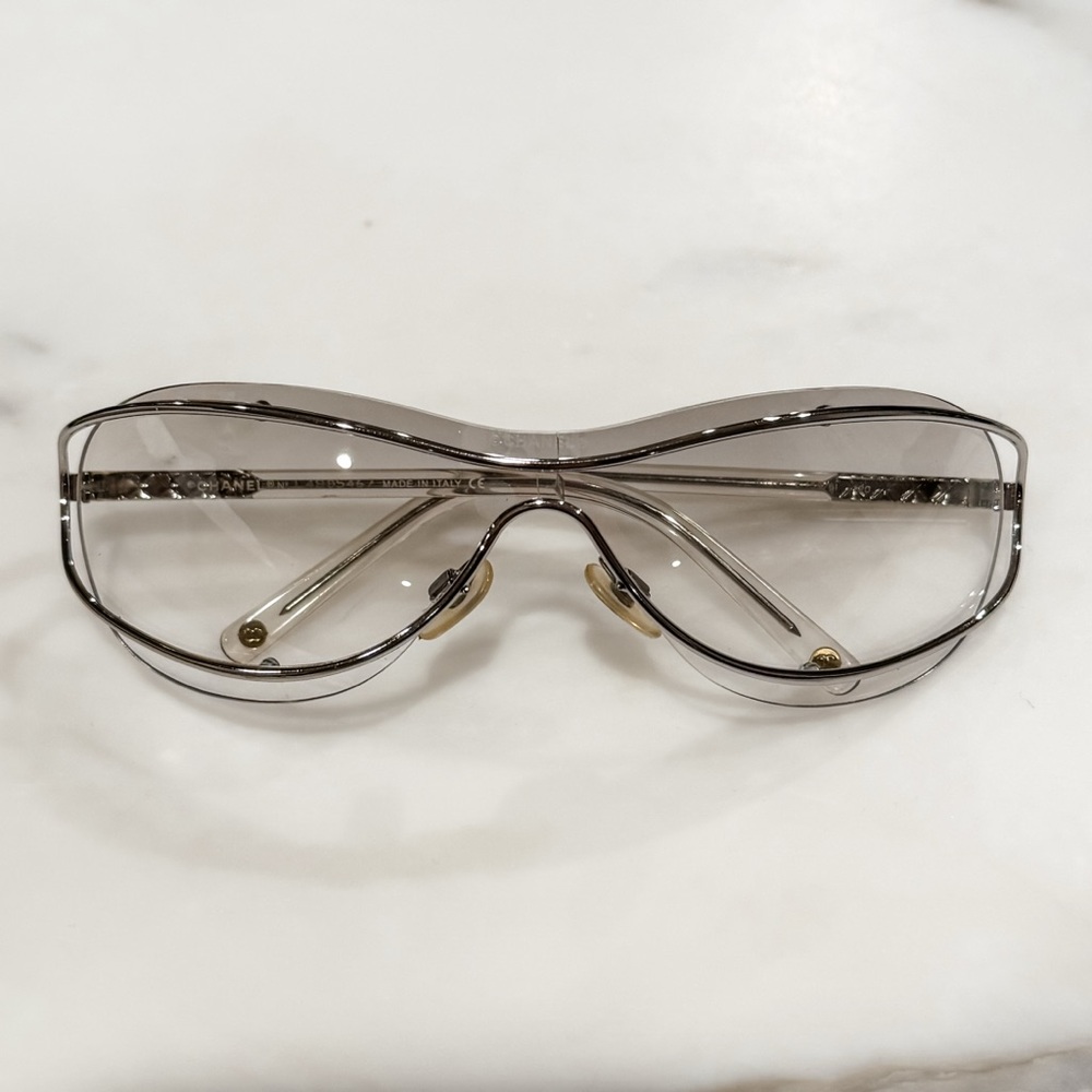 Vintage Chanel Wrap-around Silver Sunglasses Smoke Cracked Lens Y2K